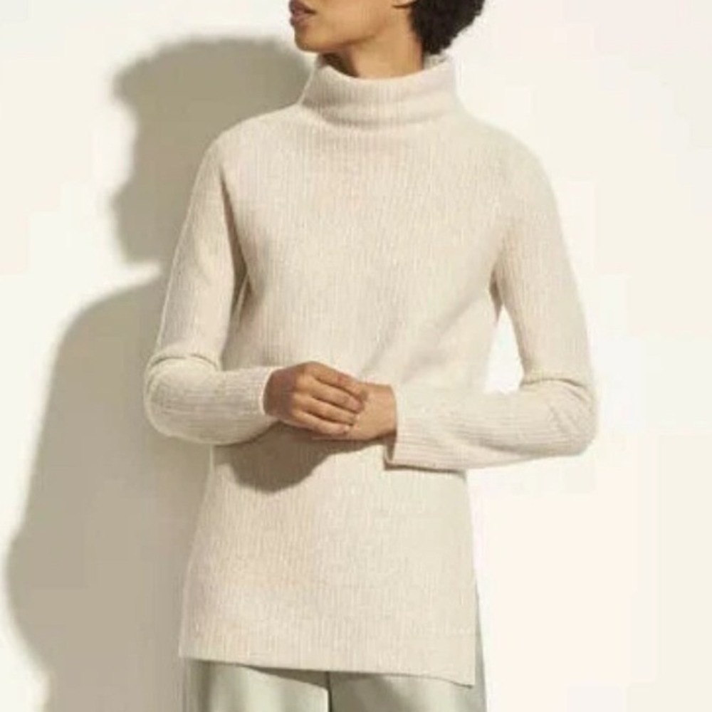 Vince Cashmere Mock Neck Ribbed Sweater Beige Side Slit Size Small